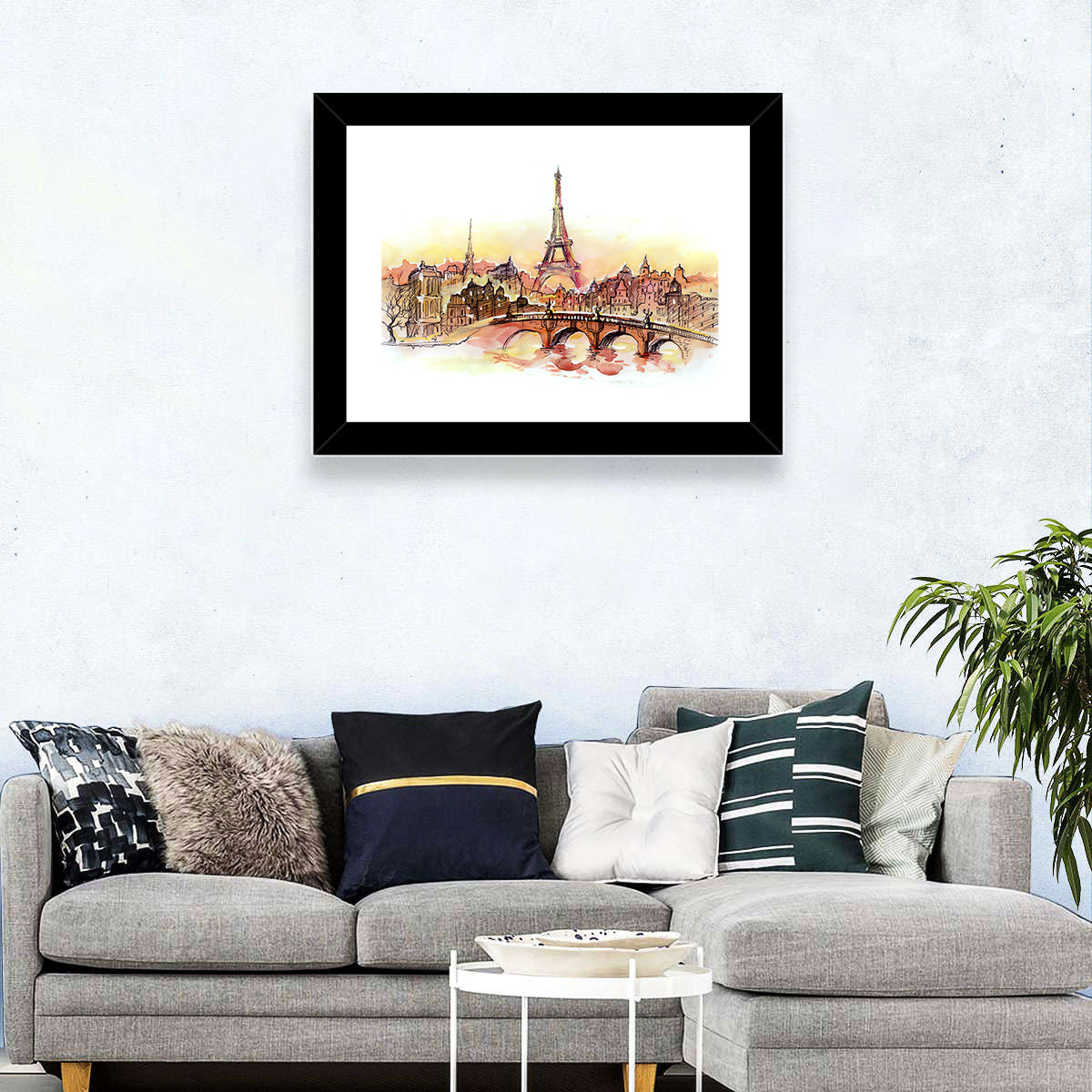 Eiffel Tower Watercolor at Dusk Wall Art in a room, landscape