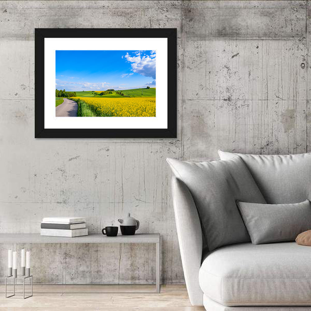 Rapeseed Field Road Under Blue Sky Wall Art