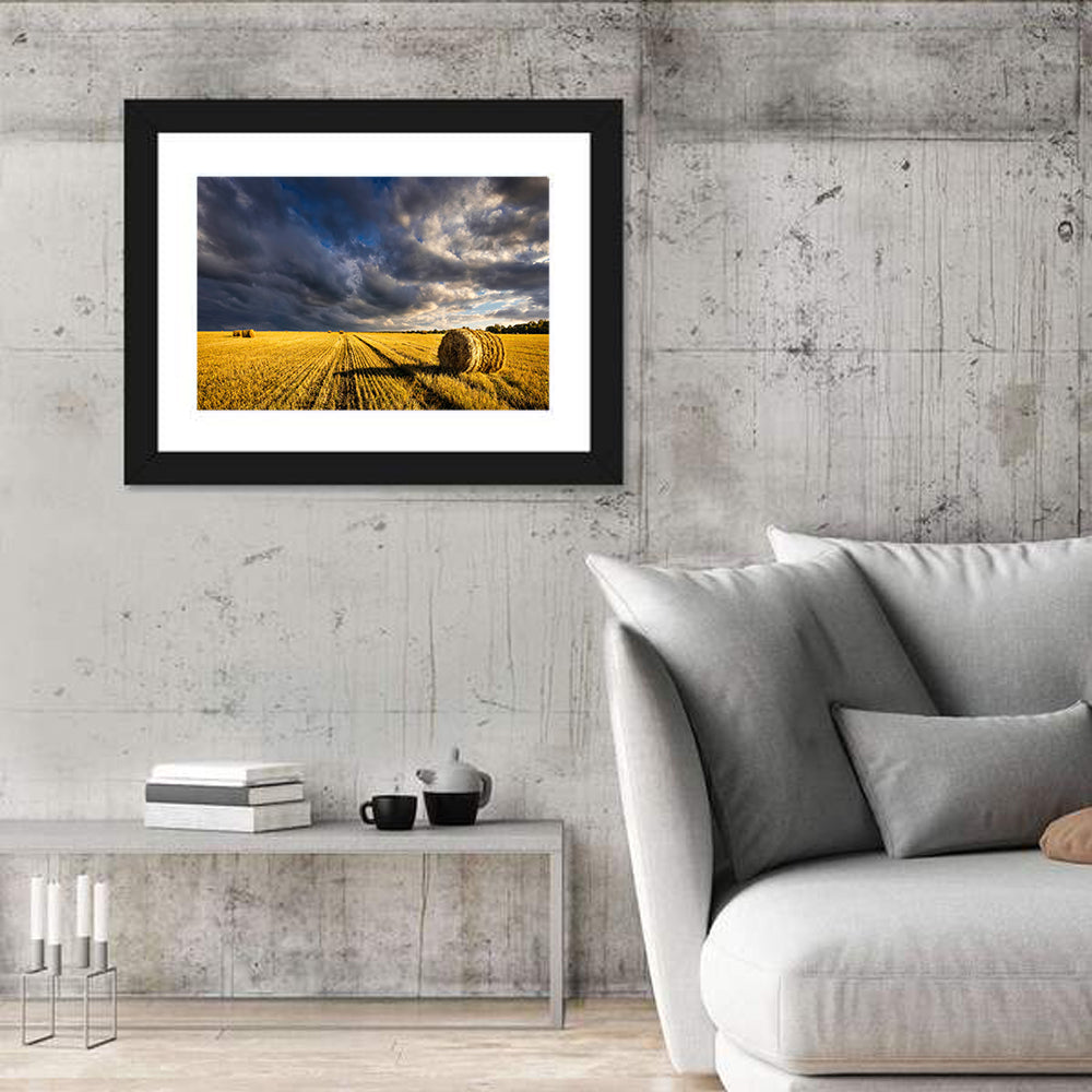 Hay Bale at Golden Hour Wall Art in a room, landscape
