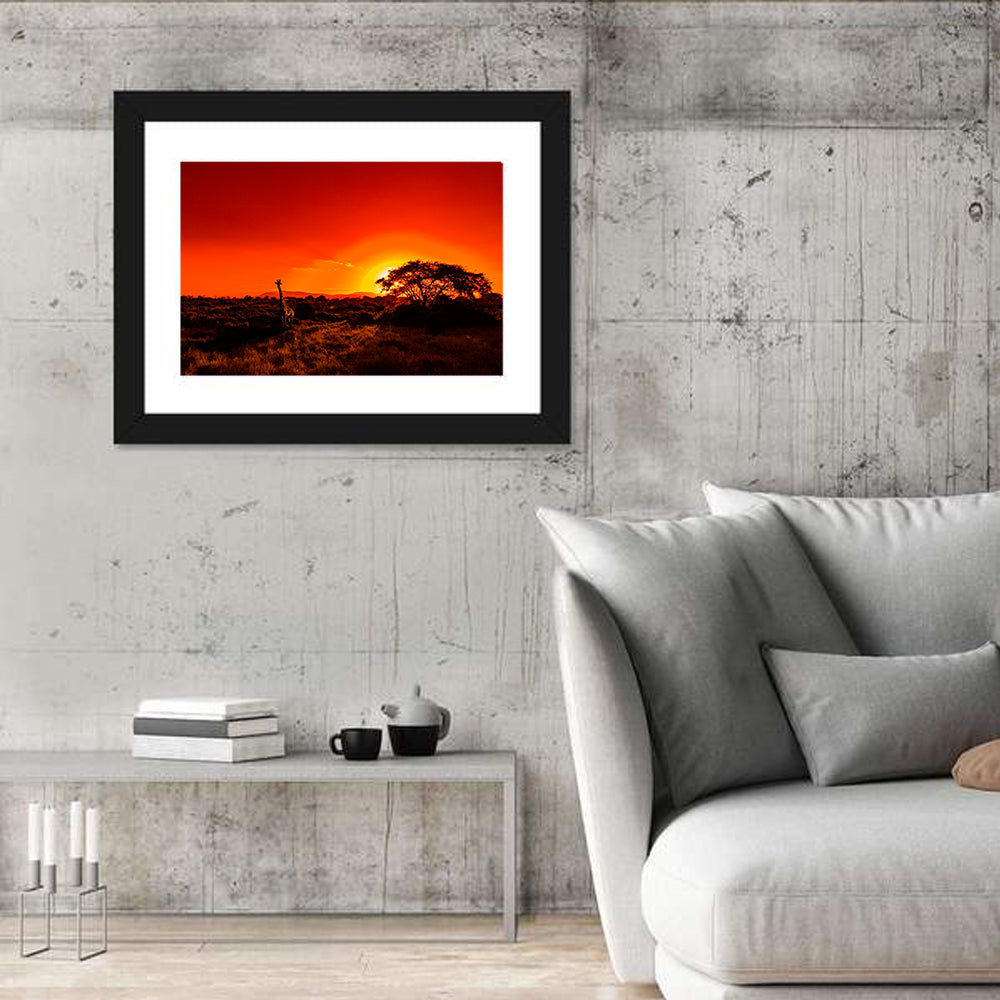 Savanna Sunset with Giraffe Wall Art in a room, landscape
