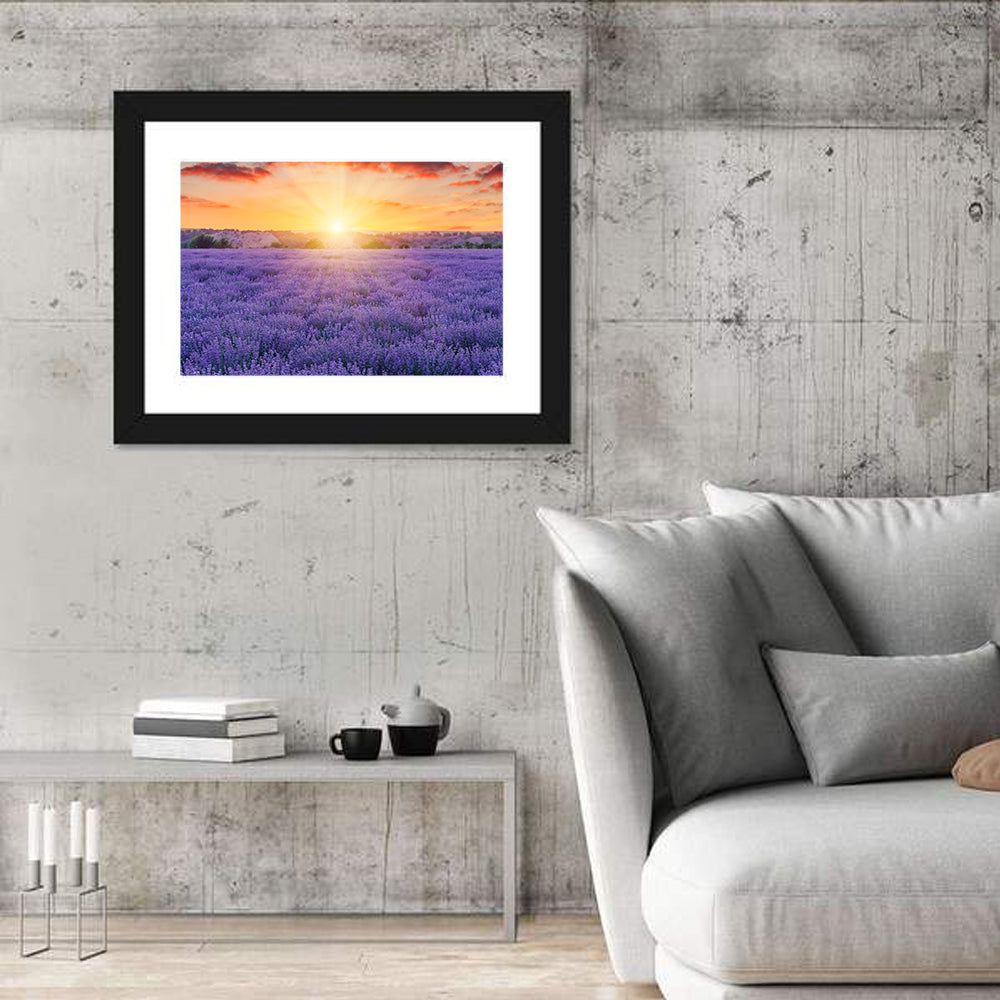 Lavender Field Sunburst Wall Art in a room, landscape
