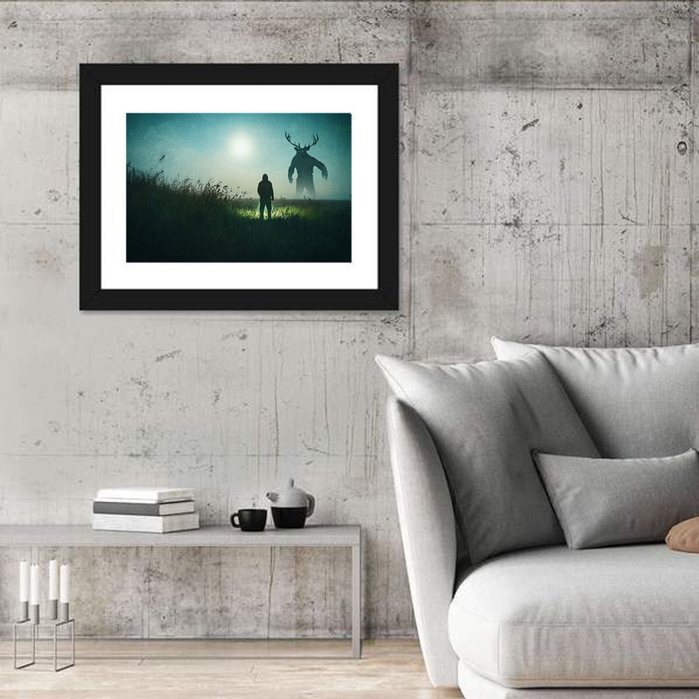 Antlered Shadow in Mist Wall Art in a room, landscape