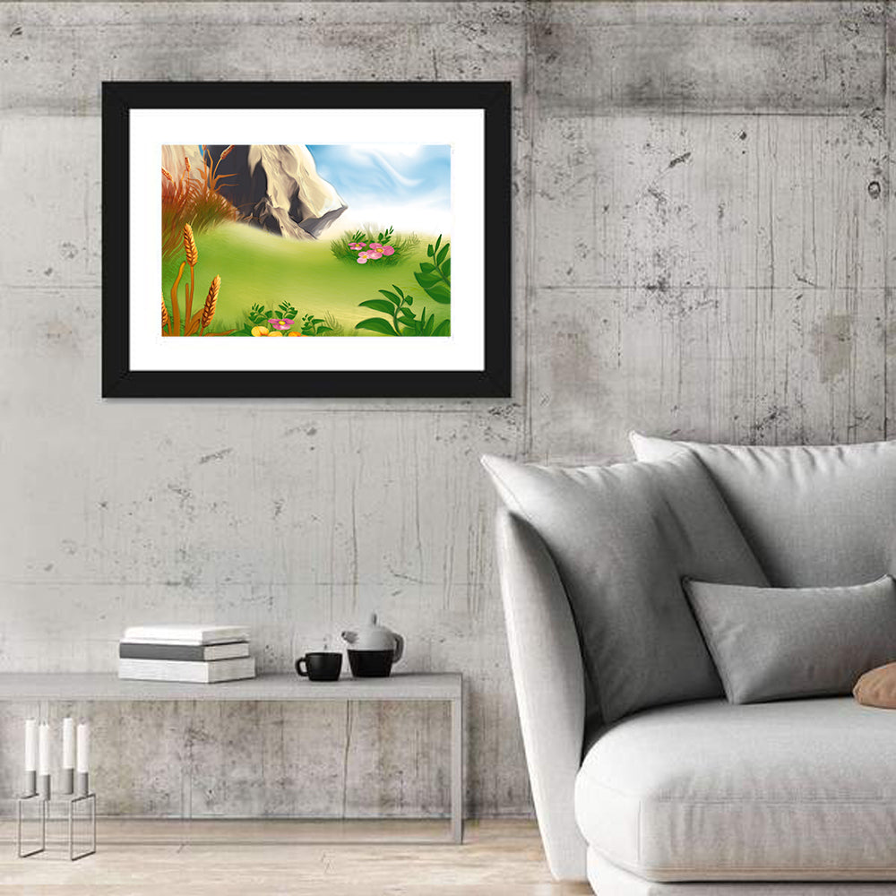Sunny Mountain Meadow Illustration Wall Art in a room, landscape