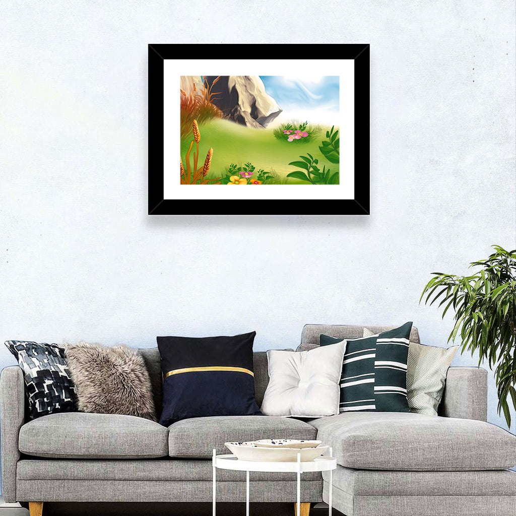 Sunny Mountain Meadow Illustration Wall Art