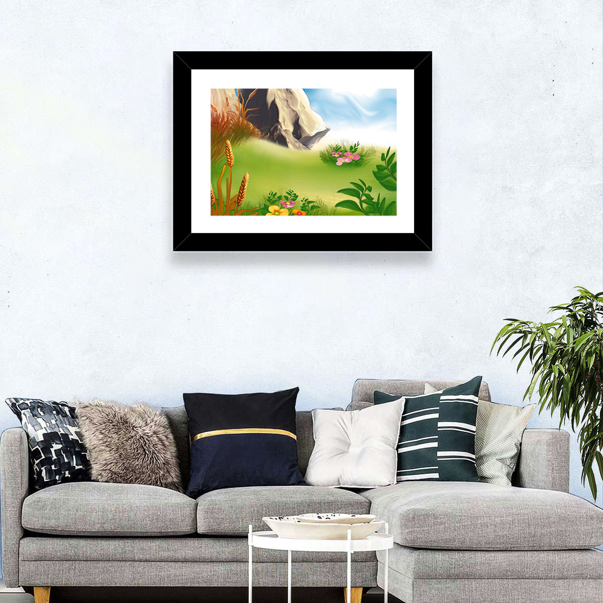 Sunny Mountain Meadow Illustration Wall Art in a room, landscape