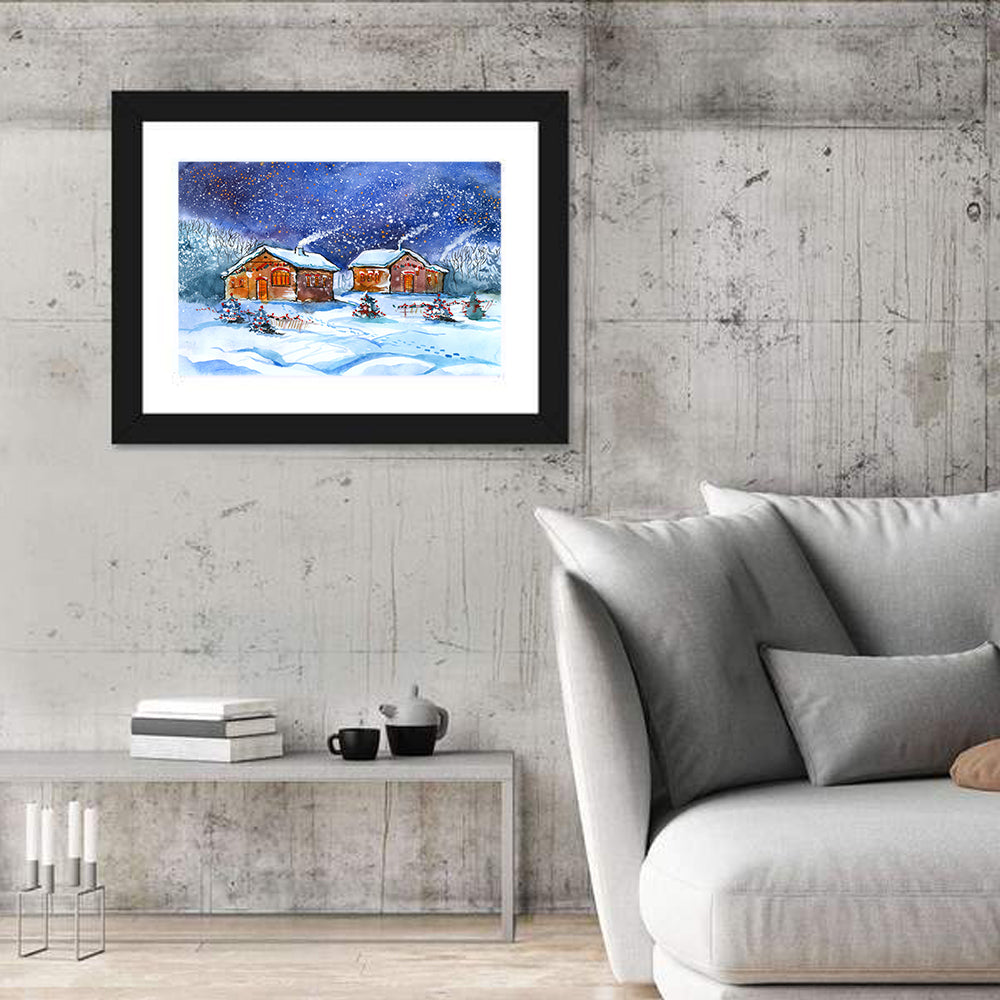 Starry Winter Village Wall Art in a room, landscape