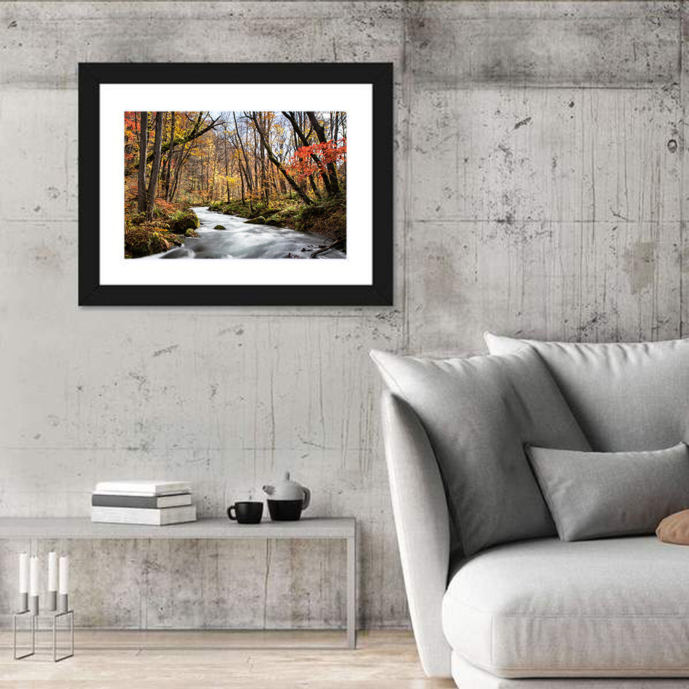 Sunlit Forest Stream Wall Art in a room, landscape