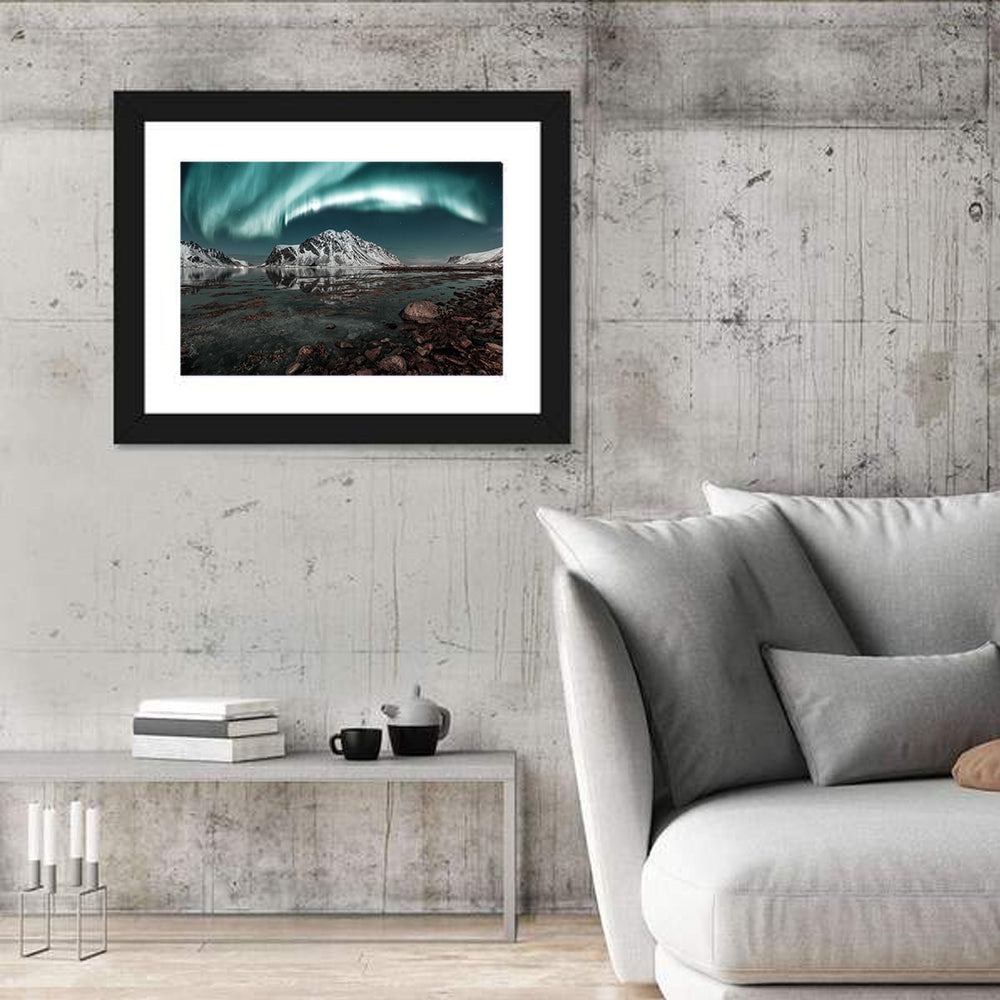 Lofoten Aurora Reflection Wall Art in a room, landscape