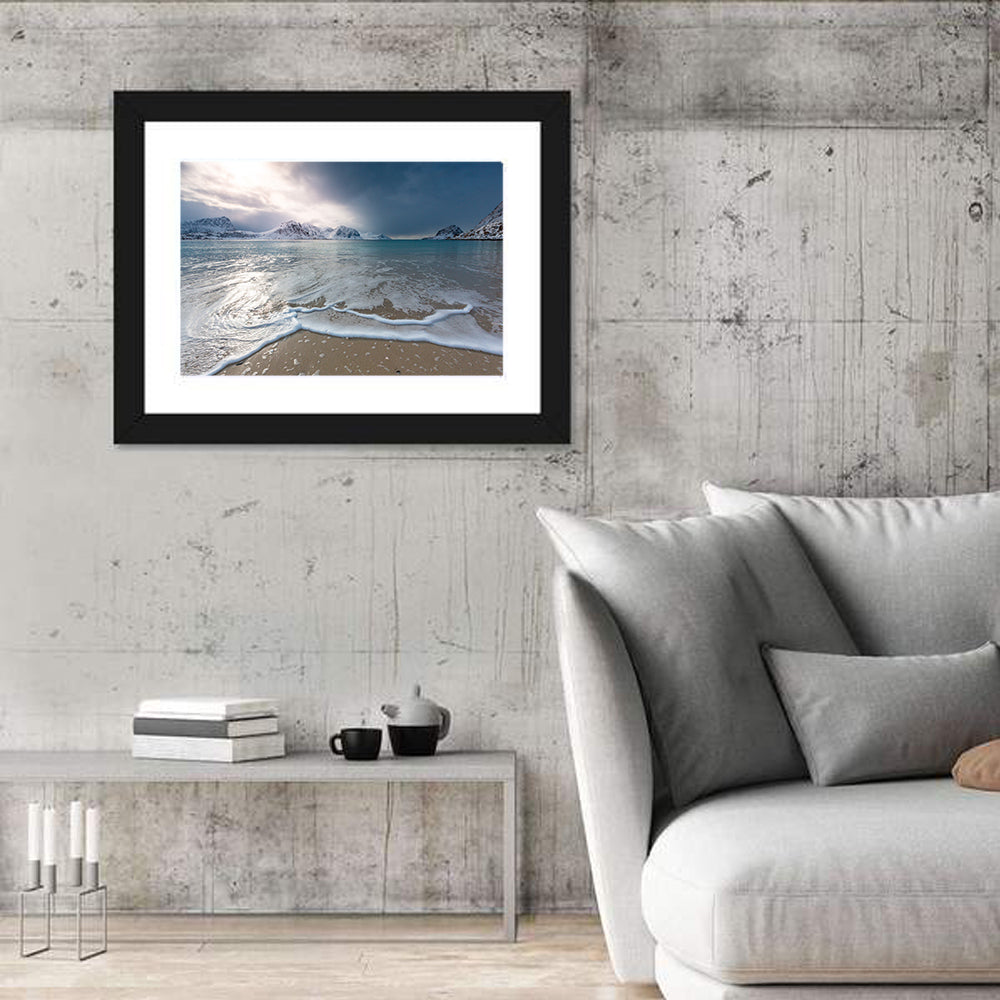 Haukland Beach Winter Light Wall Art in a room, landscape