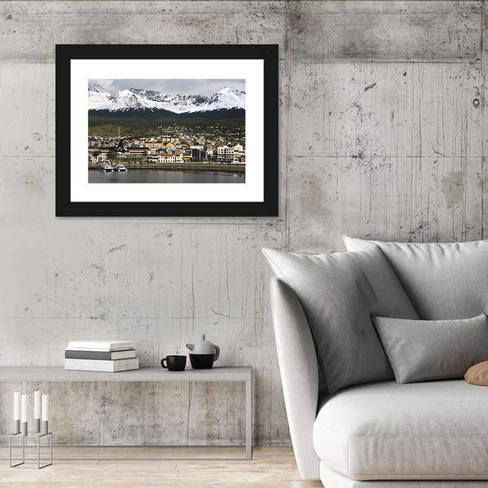 Ushuaia Harbor and Snowcapped Mountains Wall Art in a room, landscape
