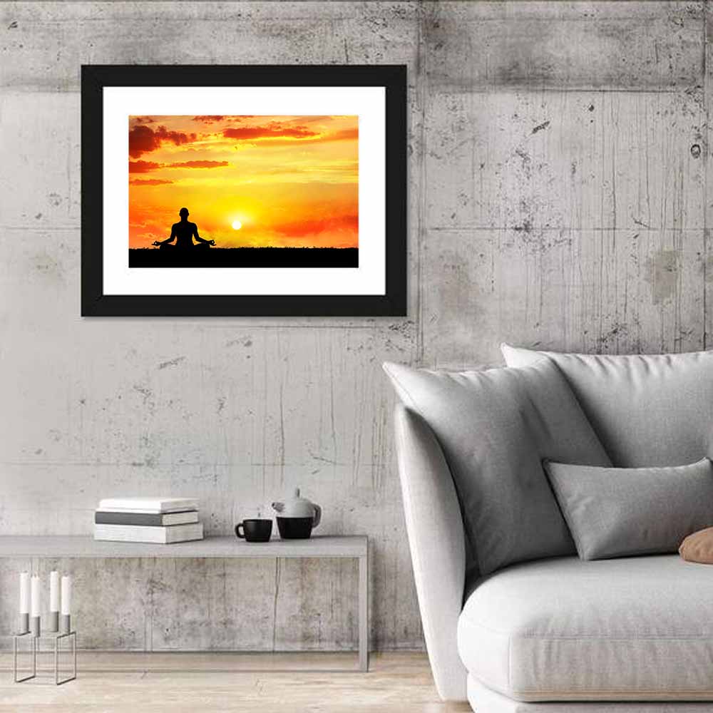 Sunset Yoga Meditation Silhouette Wall Art in a room, landscape