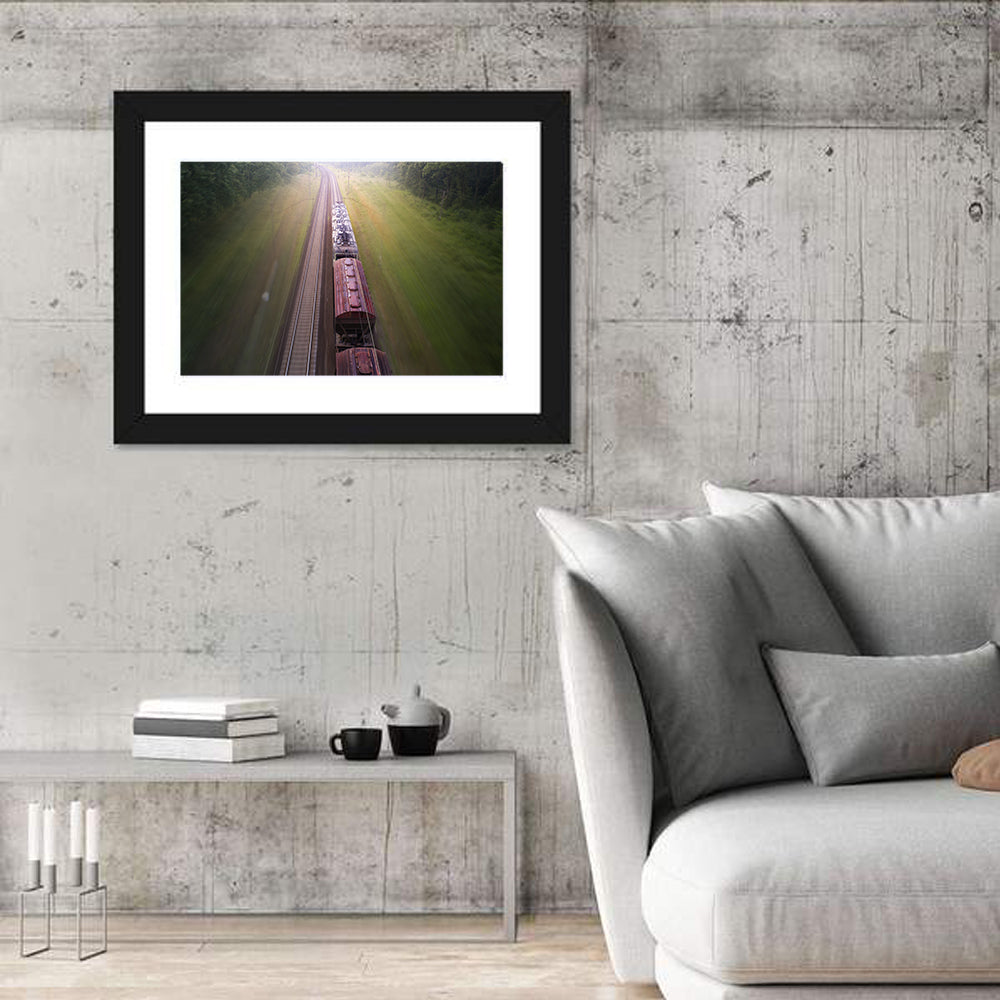 Freight Train Through Forest Wall Art in a room, landscape