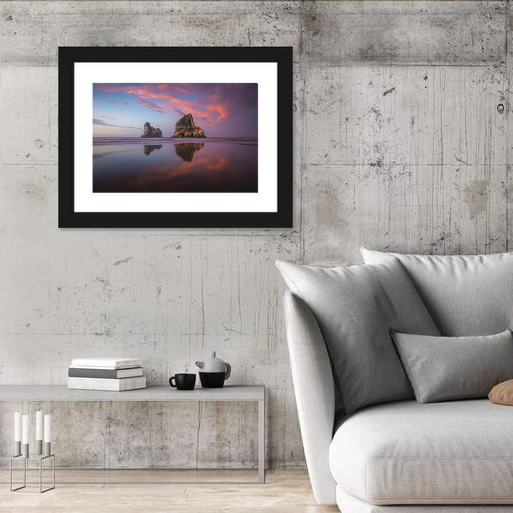 Wharariki Beach Sunrise Wall Art in a room, landscape