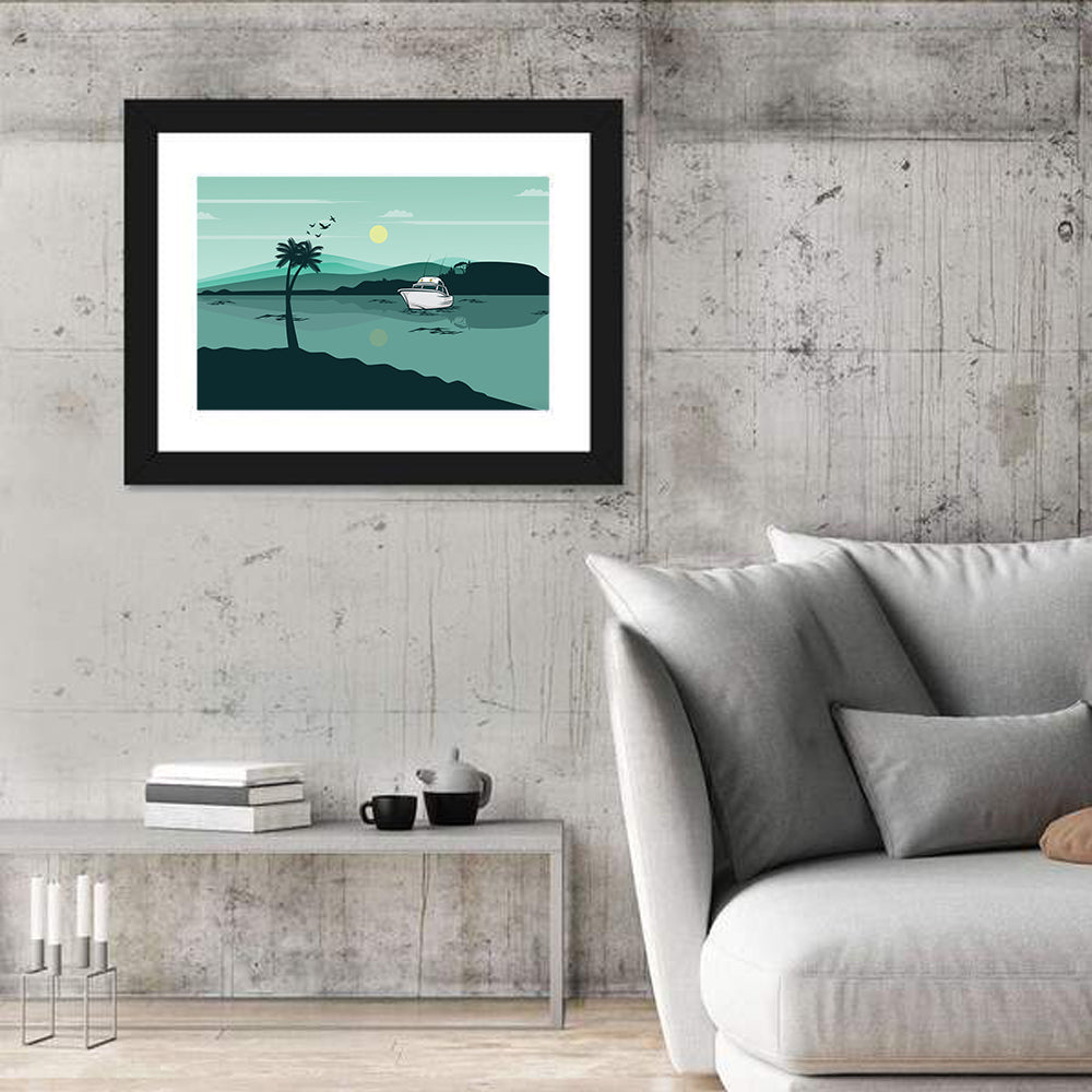 Teal Lake Boat with Palm Tree Wall Art