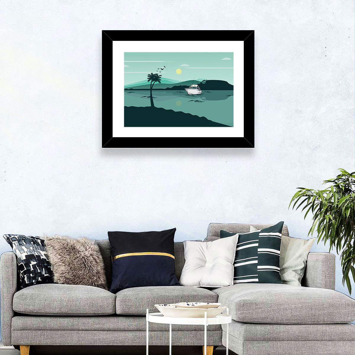Teal Lake Boat with Palm Tree Wall Art