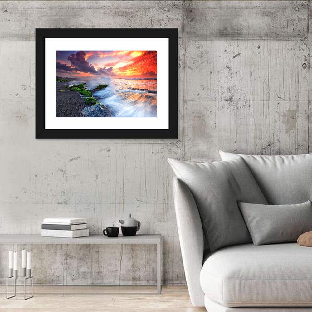 Ocean Waves Under Burning Sky Wall Art