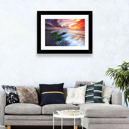 Ocean Waves Under Burning Sky Wall Art