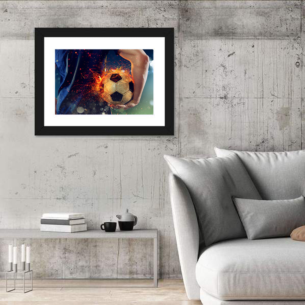 Fiery Soccer Ball and Blue Jersey Player Wall Art in a room, landscape