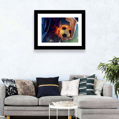 Fiery Soccer Ball and Blue Jersey Player Wall Art