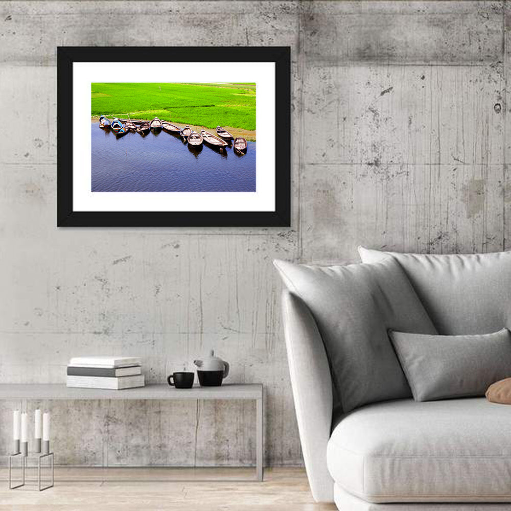Boats at the Shoreline Wall Art in a room, landscape
