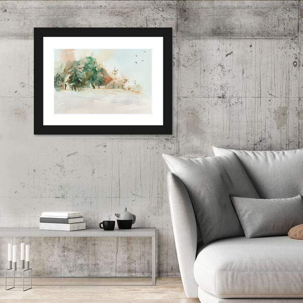 Winter Forest Watercolor Landscape Wall Art in a room, landscape