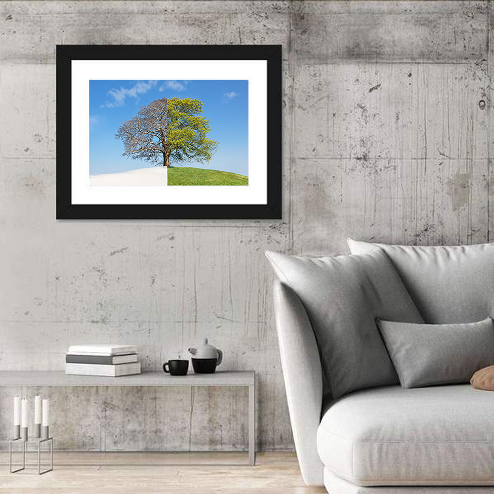 Split Season Tree Landscape Wall Art in a room, landscape