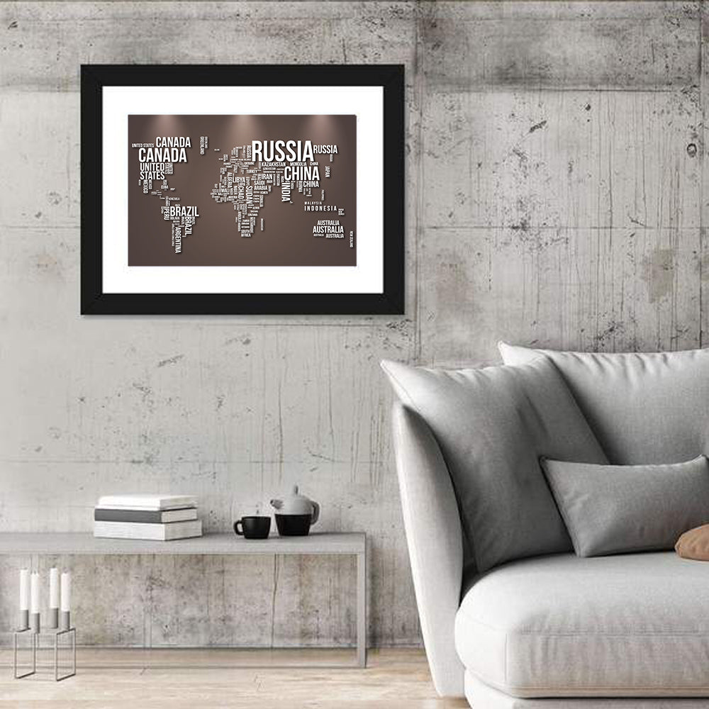World Map Typography in Brown and White Wall Art