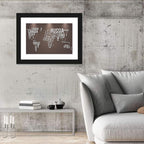 World Map Typography in Brown and White Wall Art