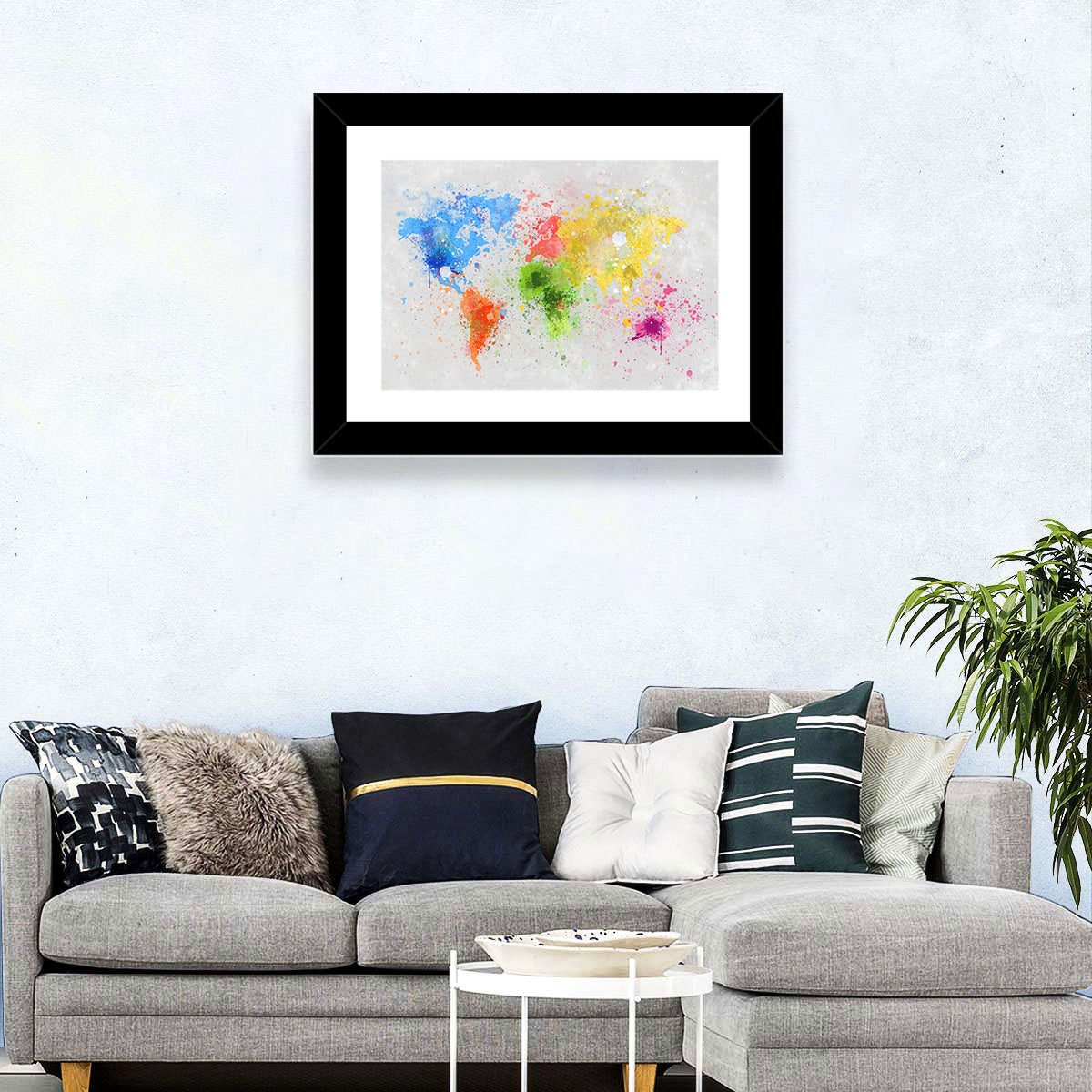 Vibrant Watercolor World Map Wall Art in a room, landscape