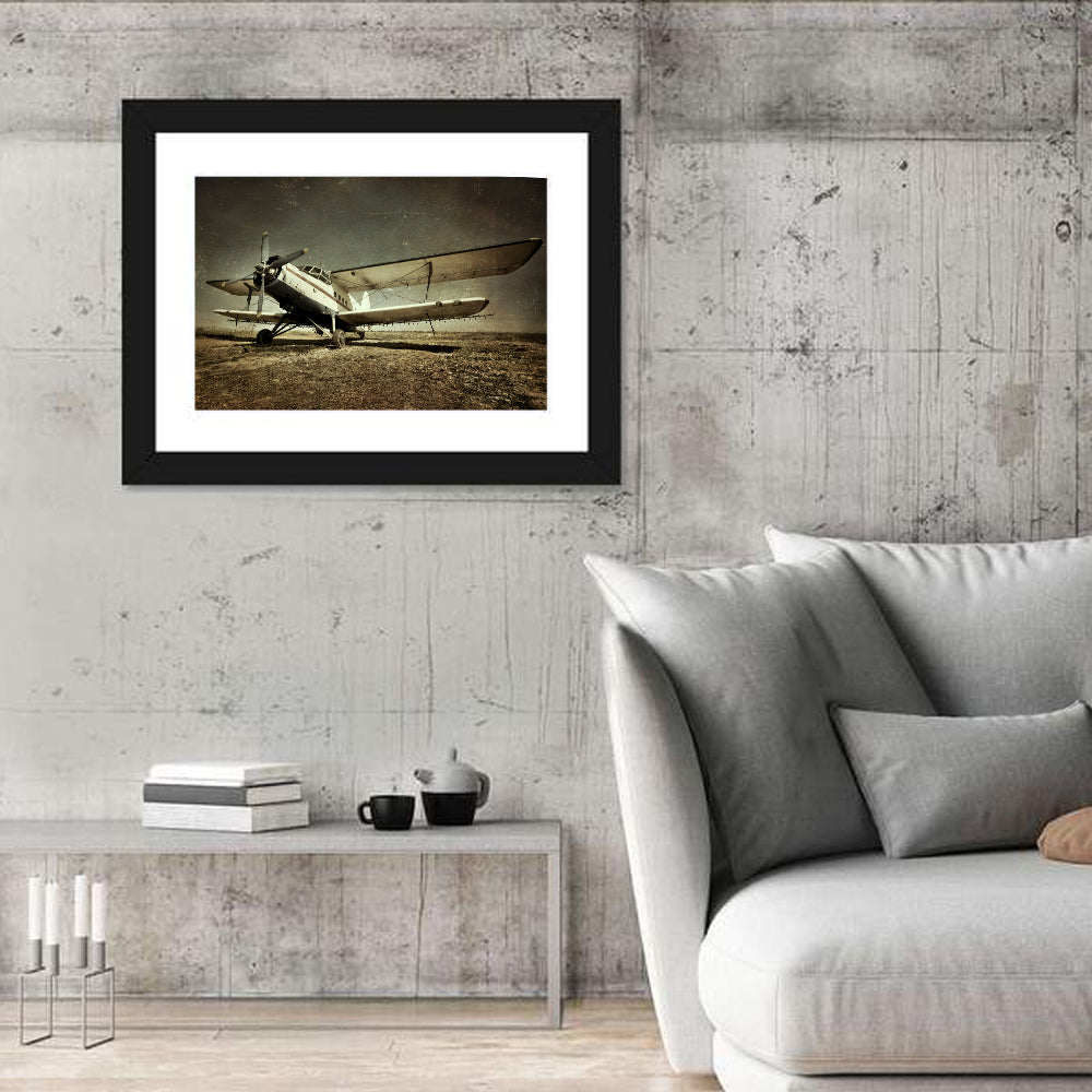 Vintage Military Biplane Wall Art in a room, landscape