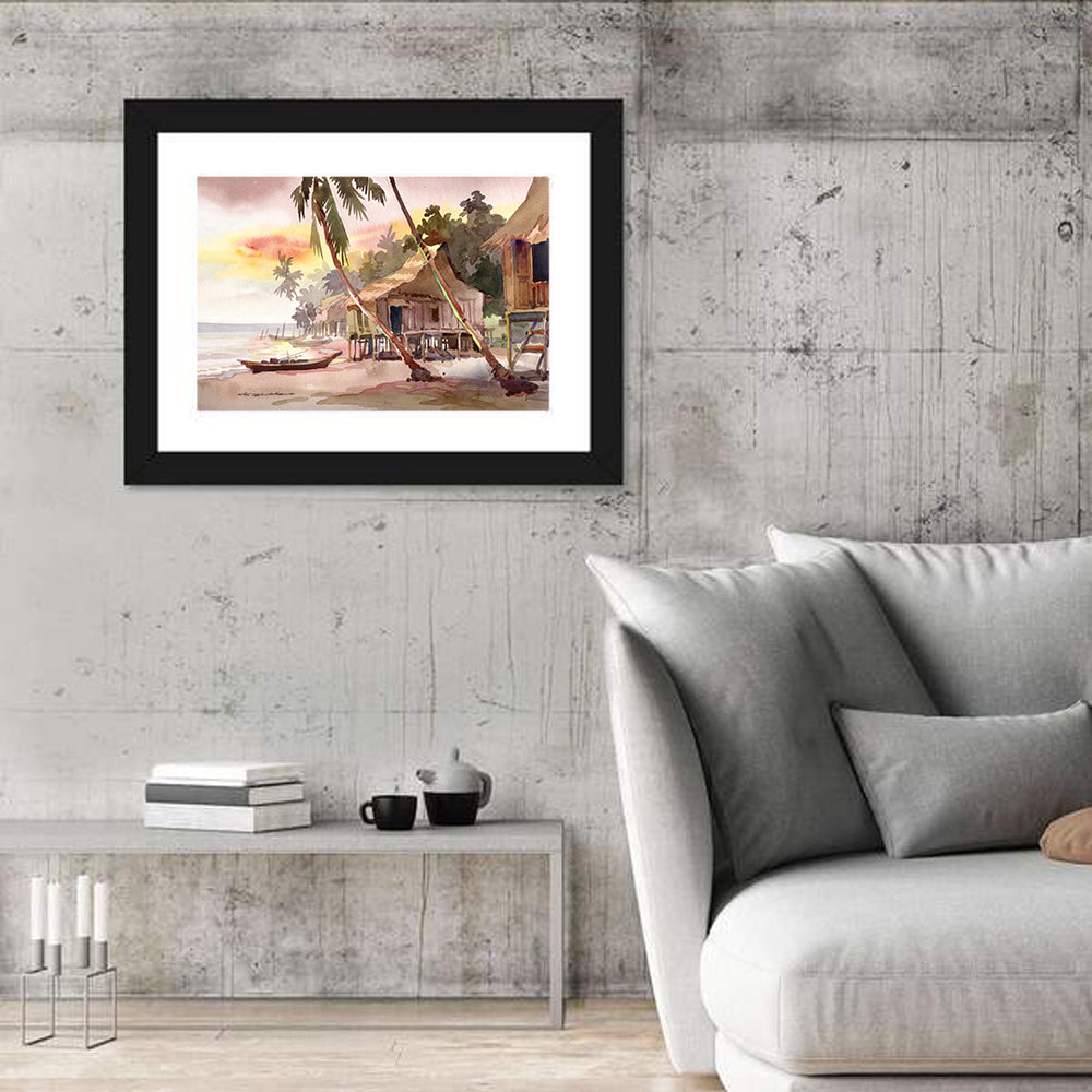 Malaysian Coastal Village at Sunset Wall Art in a room, landscape