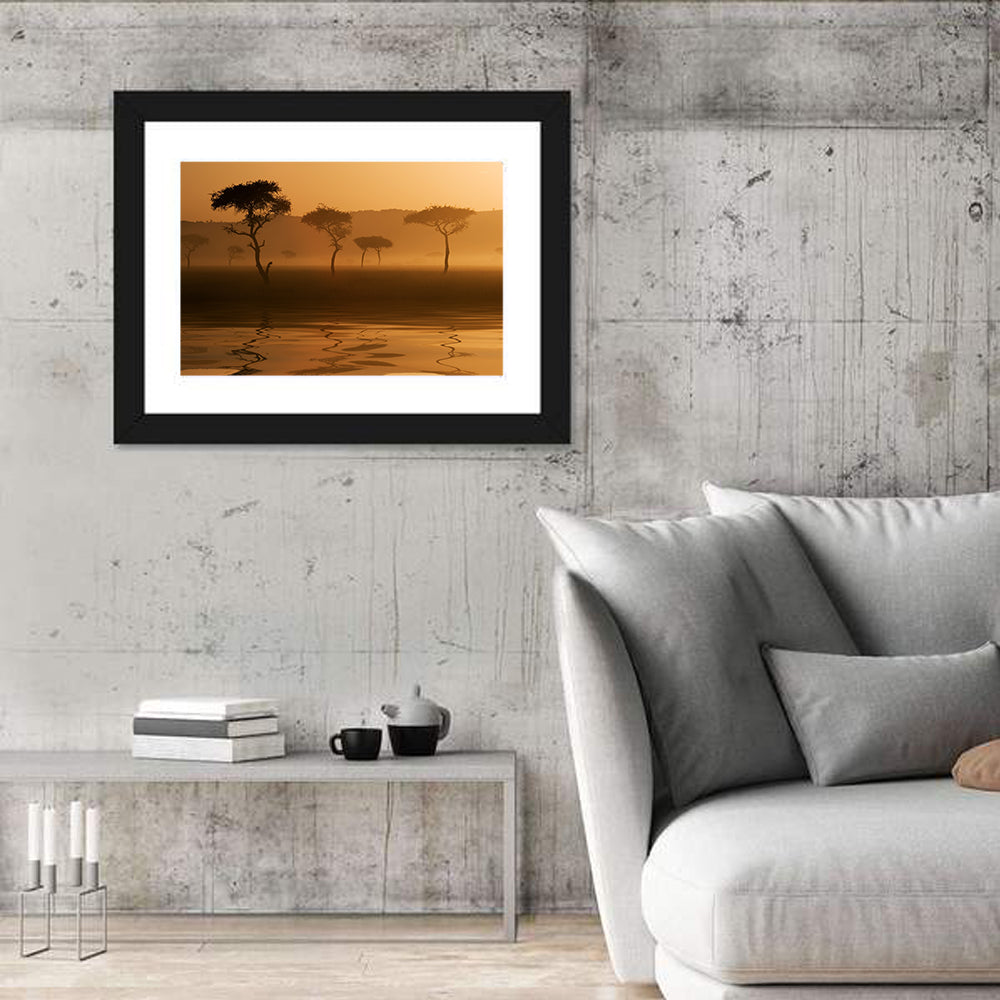 Savanna Sunset Acacia Silhouettes Wall Art in a room, landscape