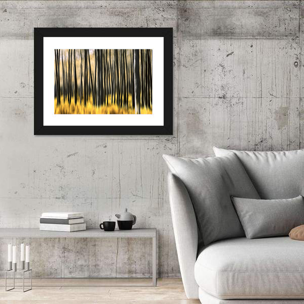 Golden Abstract Forest Wall Art in a room, landscape
