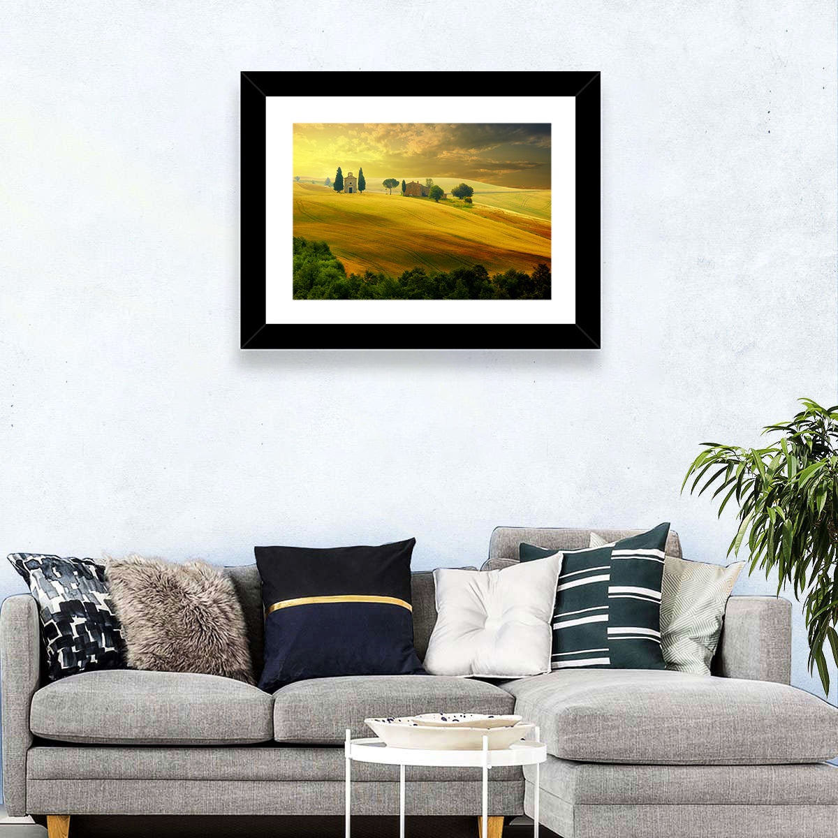 Tuscany Golden Hour Landscape Wall Art in a room, landscape