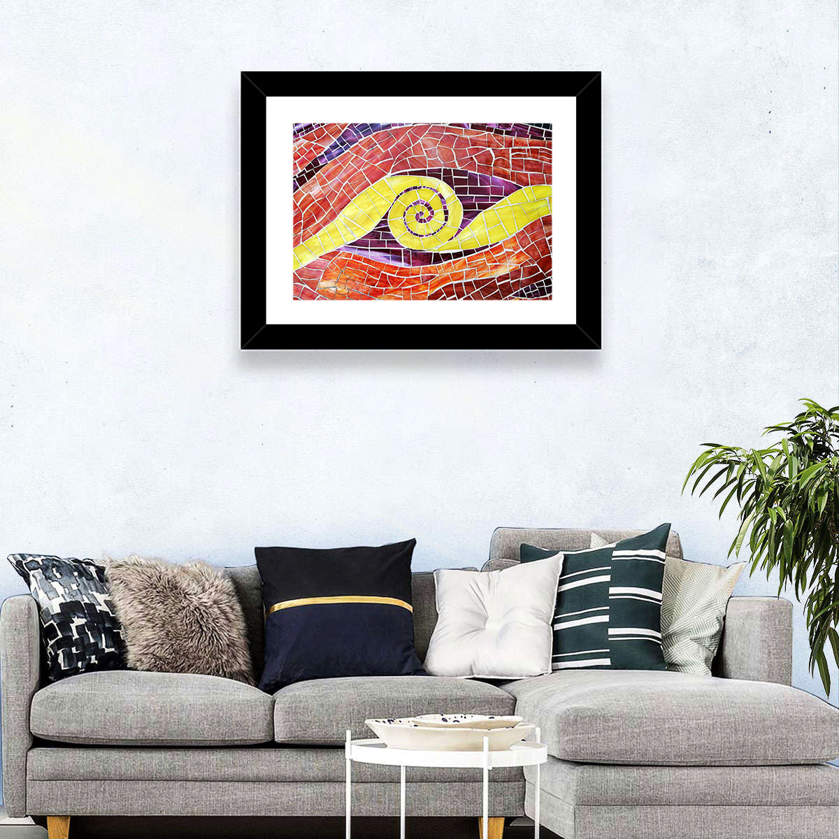 Red and Yellow Spiral Mosaic Wall Art in a room, landscape