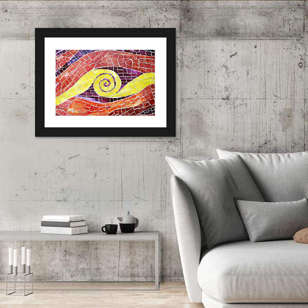 Red and Yellow Spiral Mosaic Wall Art in a room, landscape
