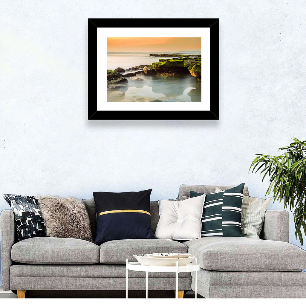 Mossy Rocky Coastline at Golden Hour Wall Art