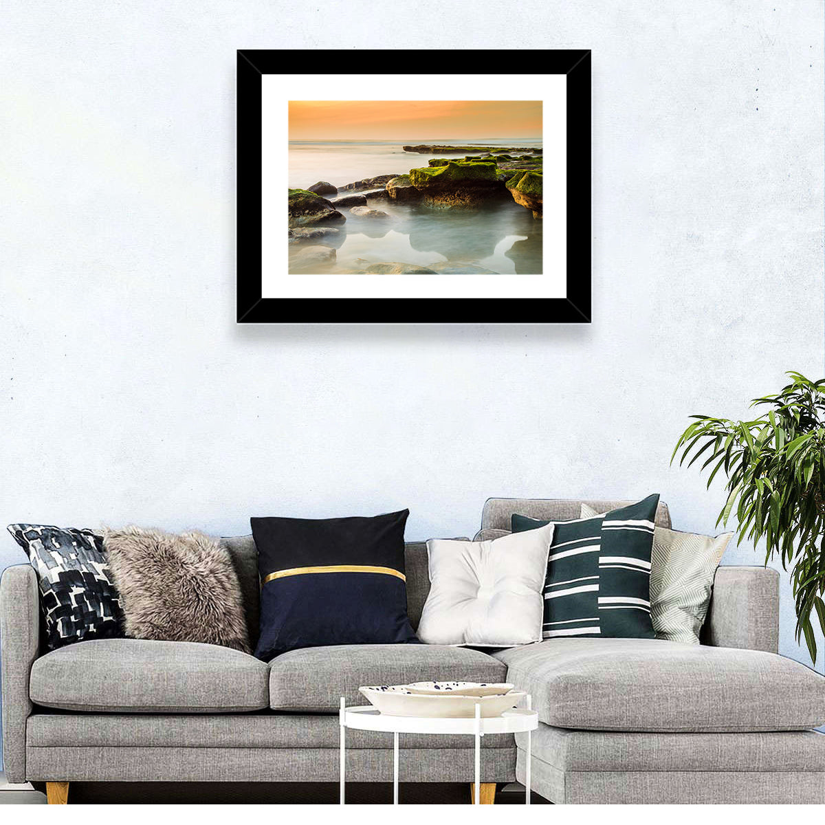 Mossy Rocky Coastline at Golden Hour Wall Art