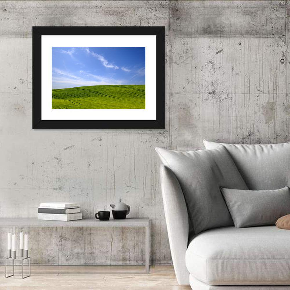 Rolling Green Hill with Blue Sky Wall Art in a room, landscape