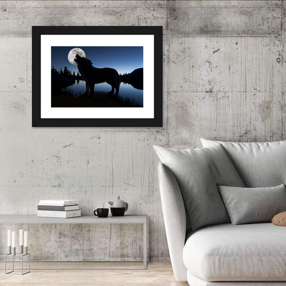 Howling Wolf at Full Moon Wall Art in a room, landscape