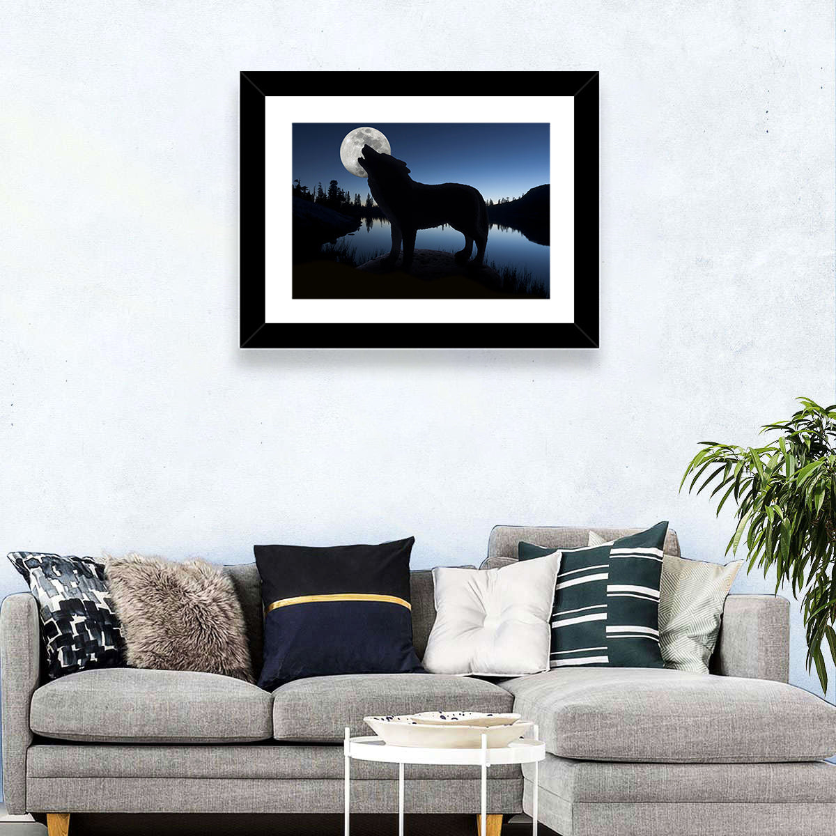 Howling Wolf at Full Moon Wall Art in a room, landscape