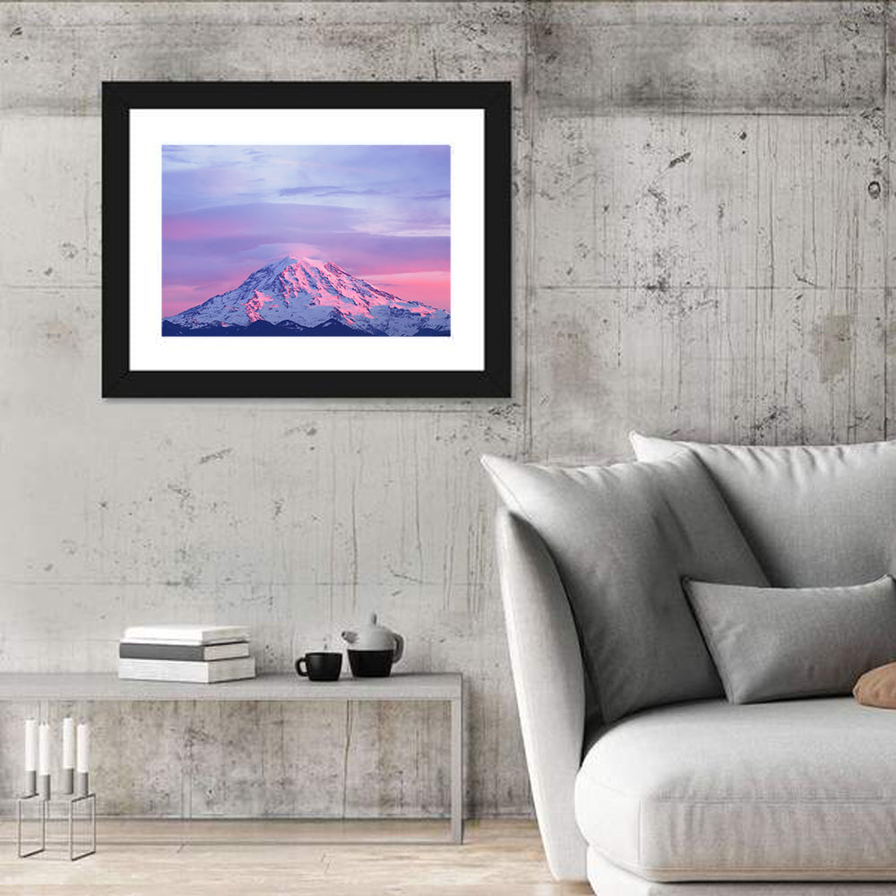 Mount Rainier Alpenglow with Lenticular Cloud Wall Art in a room, landscape