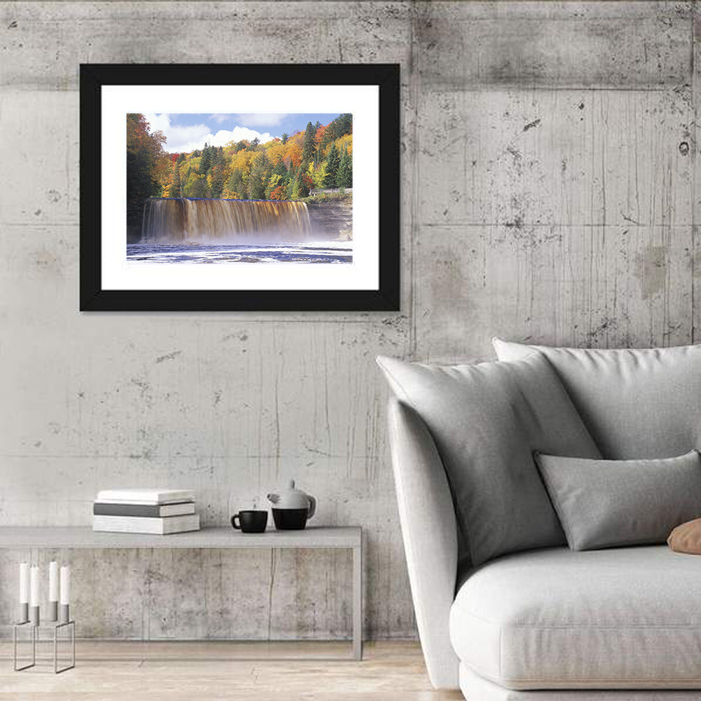 Tahquamenon Falls Autumn Waterfall Wall Art in a room, landscape