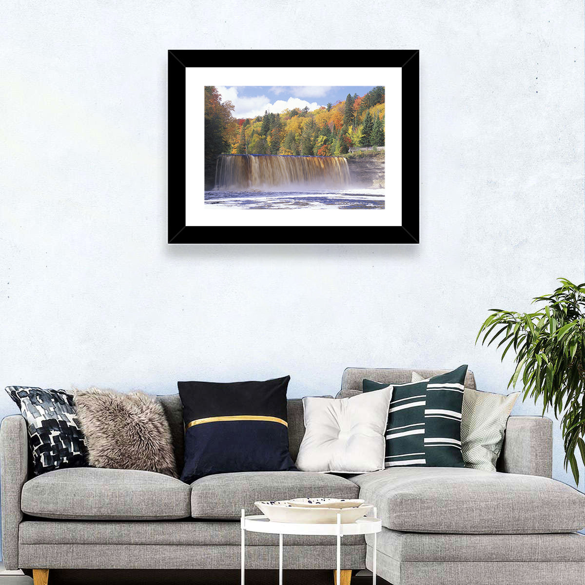 Tahquamenon Falls Autumn Waterfall Wall Art in a room, landscape