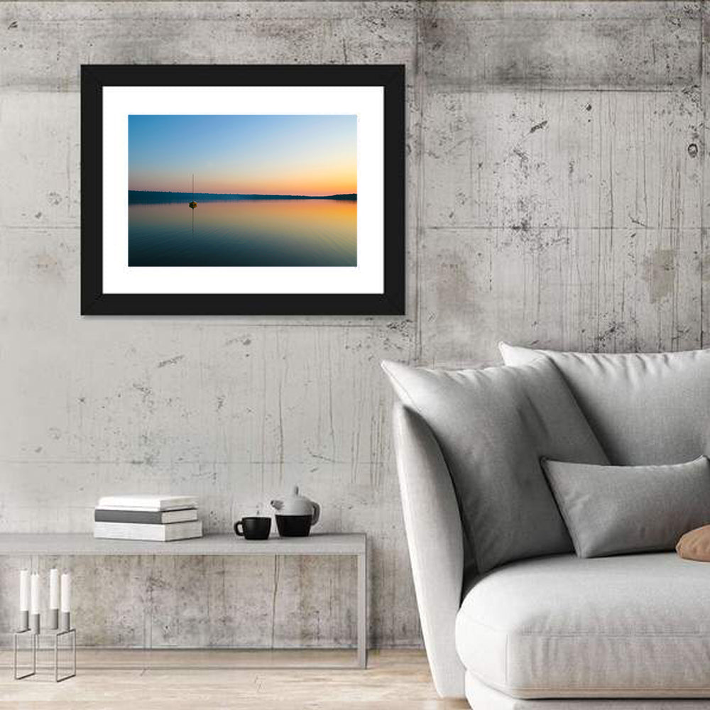 Cyprus Lake Sunset Boat Wall Art in a room, landscape