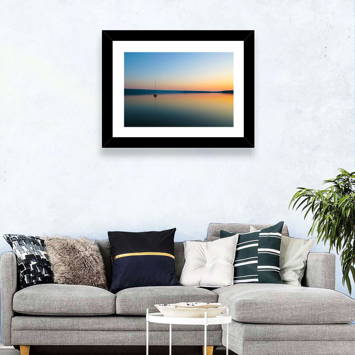 Cyprus Lake Sunset Boat Wall Art in a room, landscape