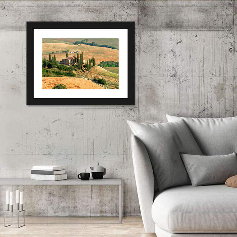 Golden Cypress Hill Villa Wall Art in a room, landscape