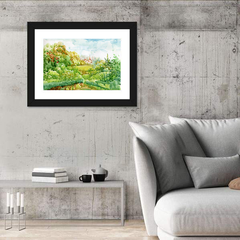 Red Steeple Village Watercolor Wall Art in a room, landscape