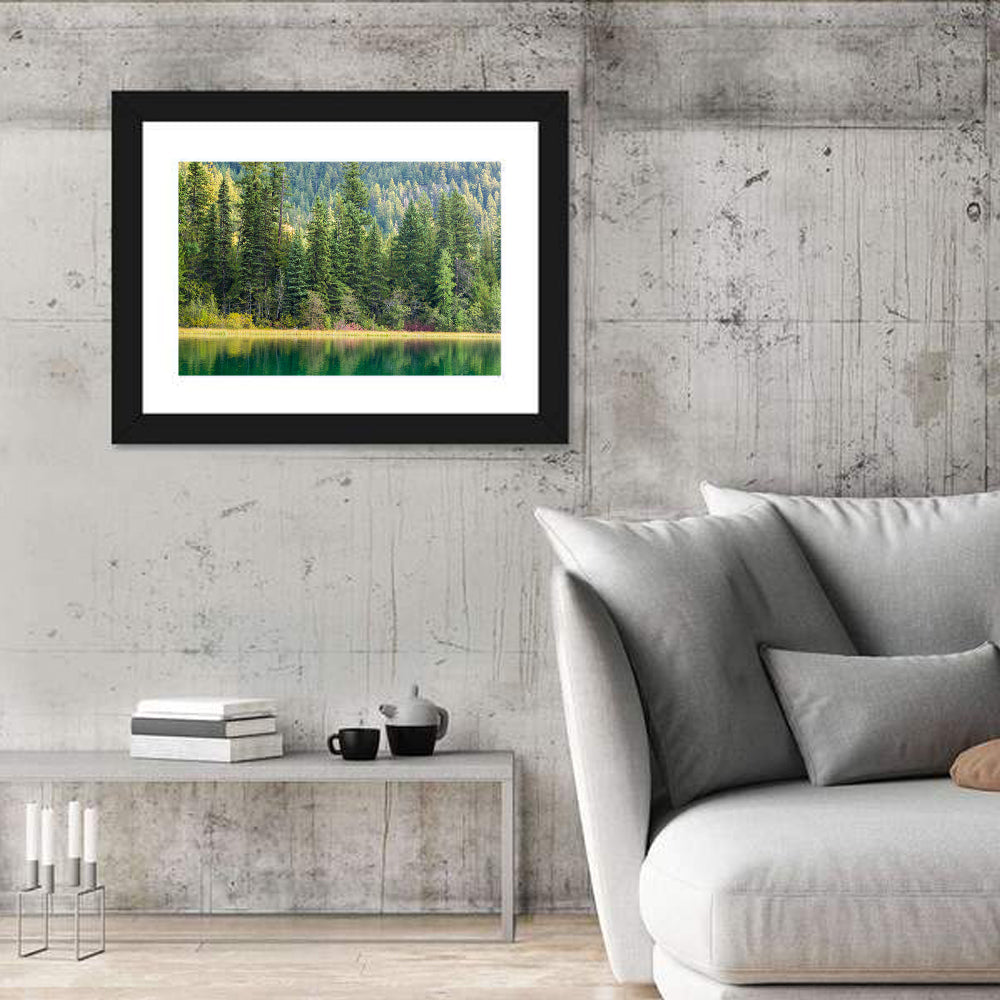 Tranquil Forest Lake Wall Art in a room, landscape