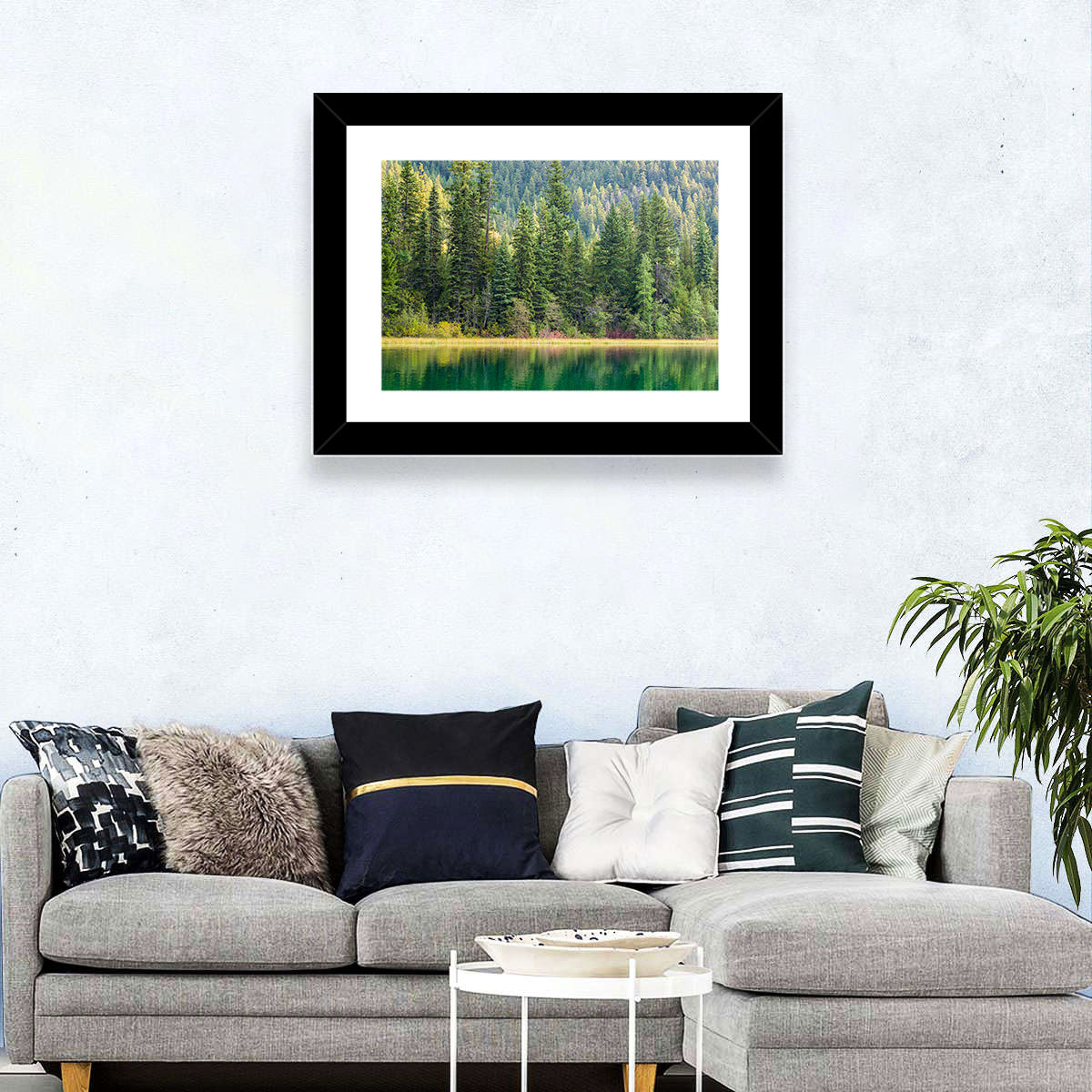 Tranquil Forest Lake Wall Art in a room, landscape